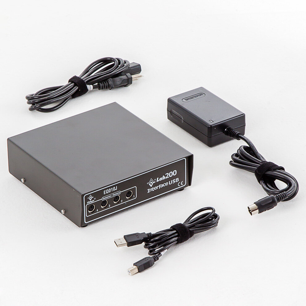 Software com interface USB, fonte de alimentação e cabos