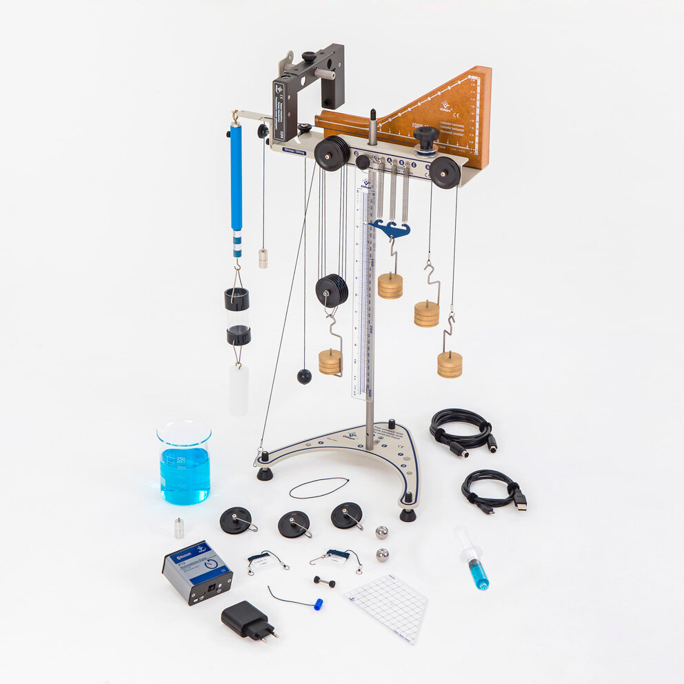Conjunto mecânica dos sólidos e dos fluidos, rampa reta, multicronômetro Bluetooth, 14 funções, sensor