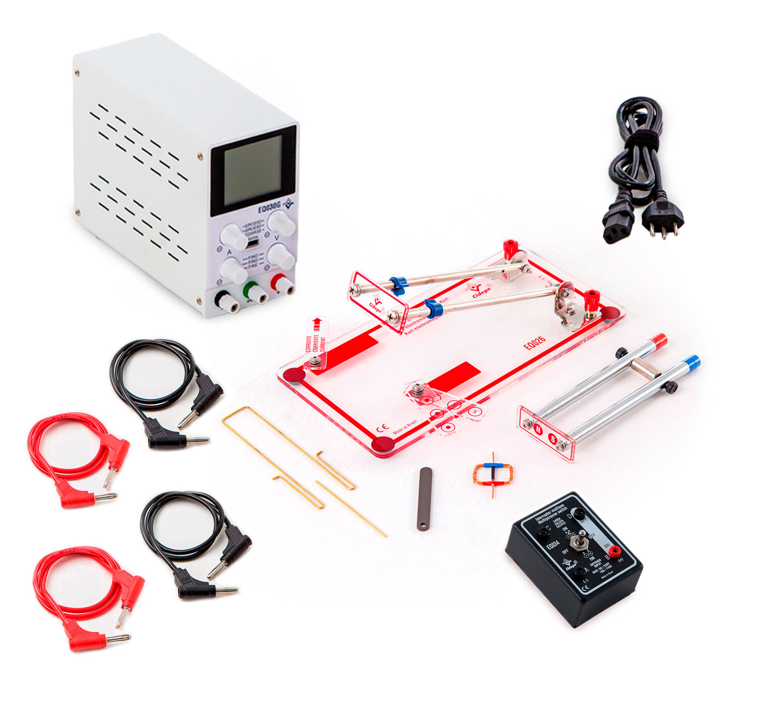 Conjunto eletromagnético, força eletromagnética, com fonte 0 a 30 V e interruptor multiuso