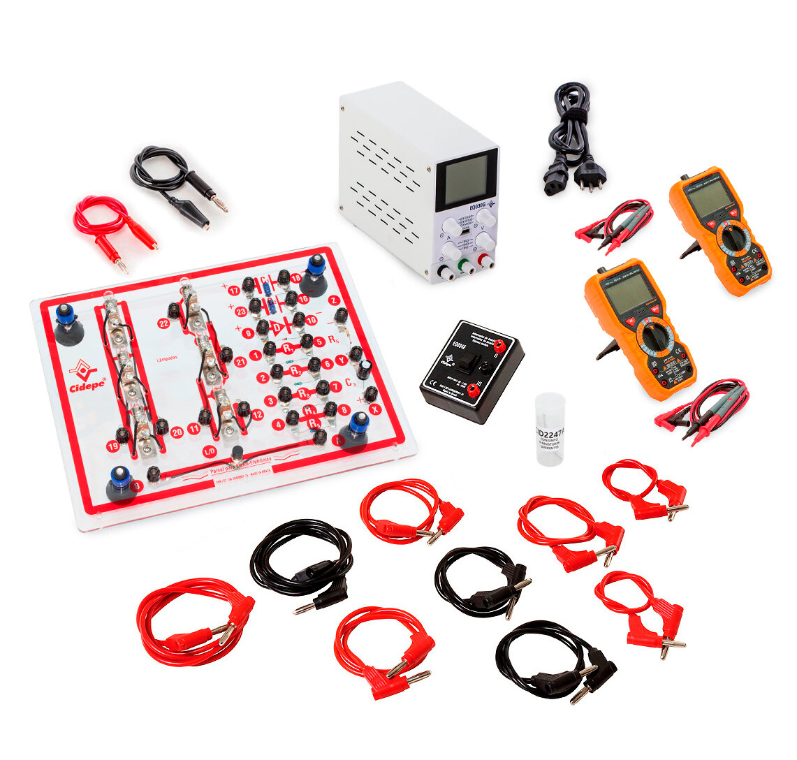 Panel for electronic and electrical circuits with 0-30V power supply and multimeters.