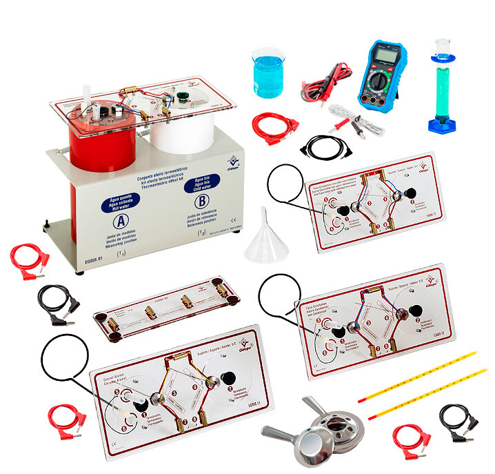 Conjunto termometria termoelétrica, efeito Seebeck, 5 tipos de conexões em painéis suporte