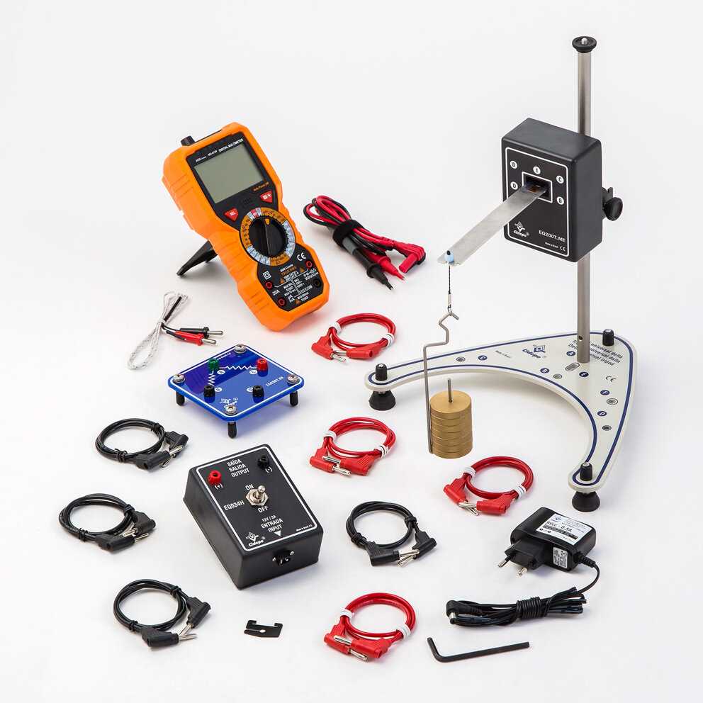 Conjunto deformações mecânicas, lâmina engastada com Strain Gauges, multímetro