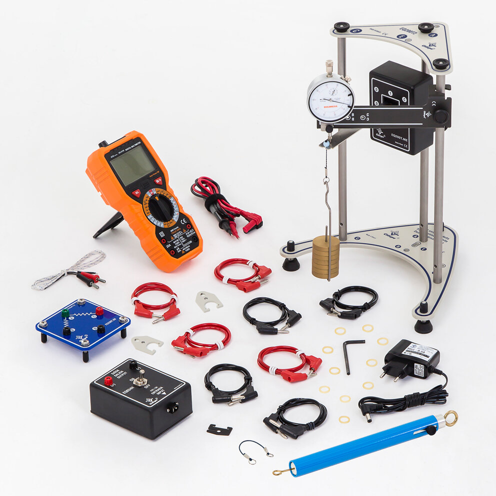 Conjunto deformações mecânicas, lâmina engastada, Strain Gauges, com multímetro e medidor de variação no eixo y