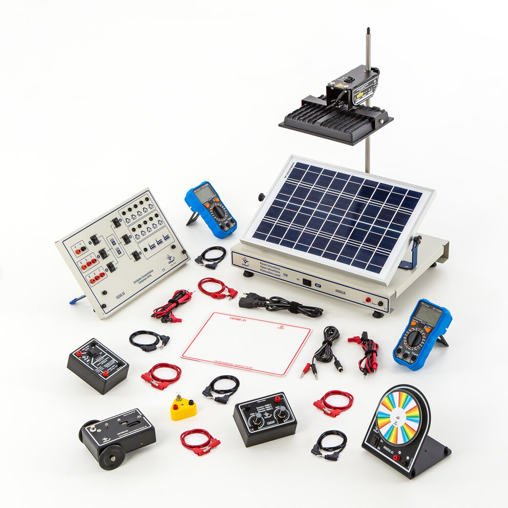 Painel solar com disco de Newton, carro elétrico, acumulador, reostato e unidade consumidora