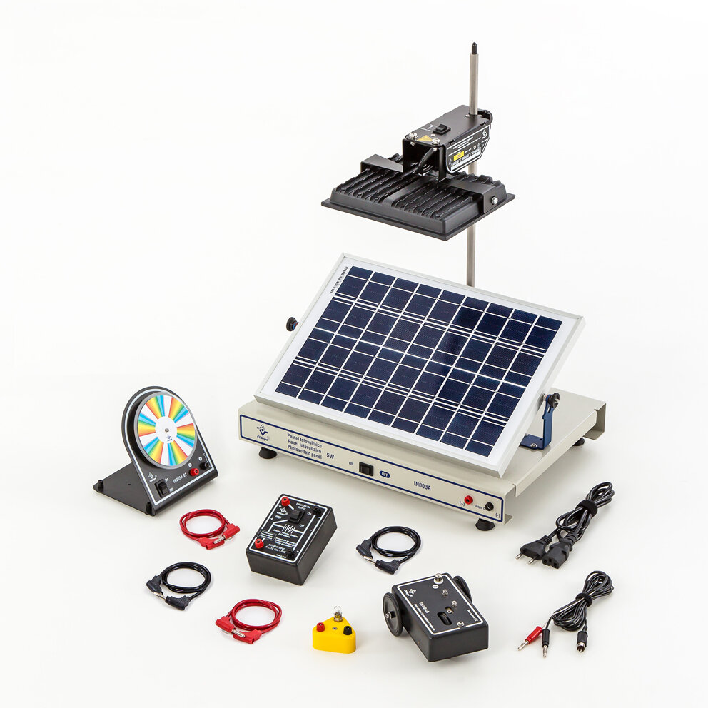 Painel solar com disco de Newton, carro elétrico, acumulador e iluminador
