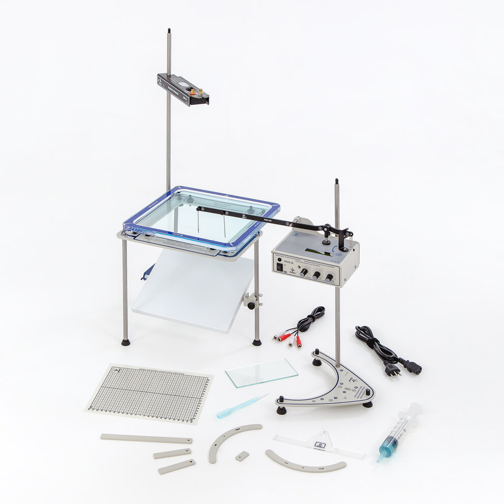Wave tank with strobe light, digital frequency meter, and articulated panel.