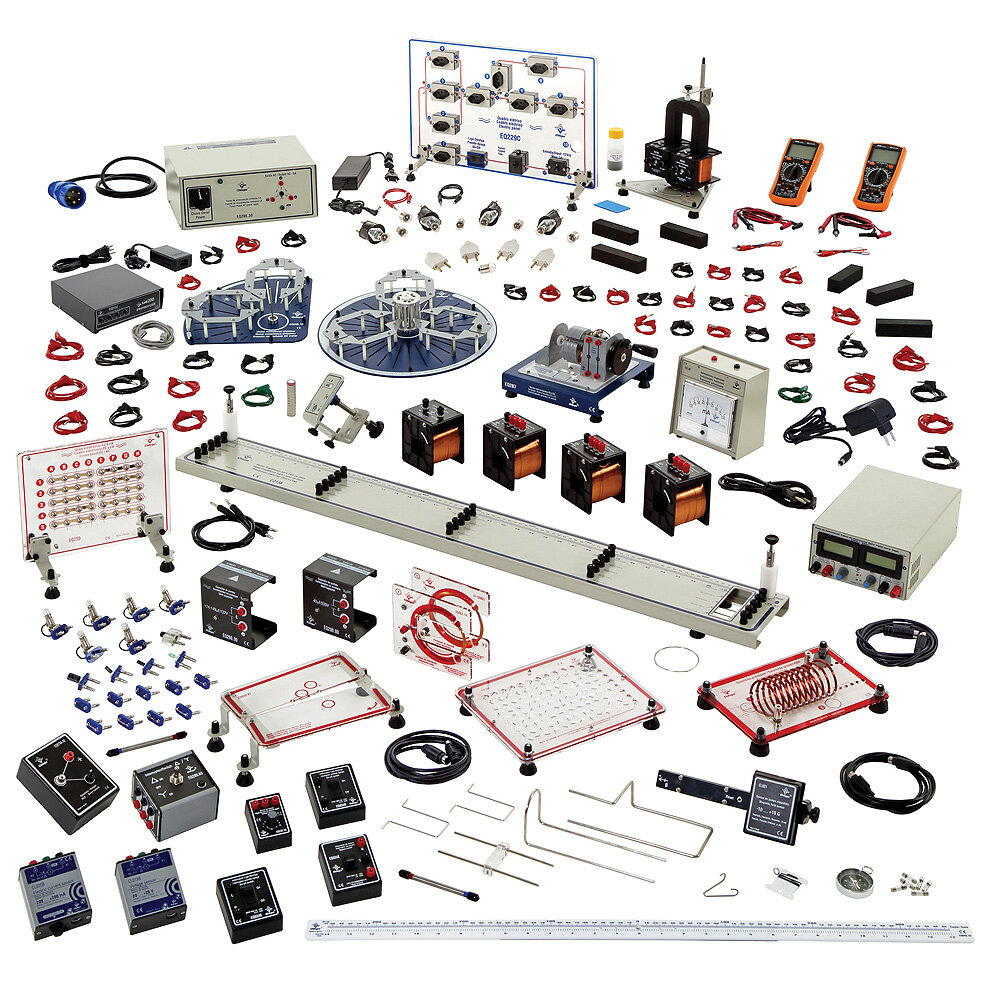 Conjunto eletricidade e eletromagnetismo com gerador CC, AC e motores abertos AC