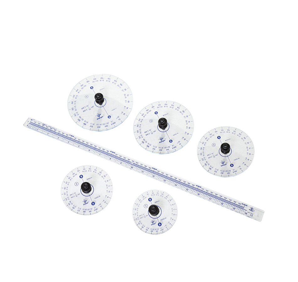 Conjunto círculos, circunferências, perímetros e pi, com 5 discos