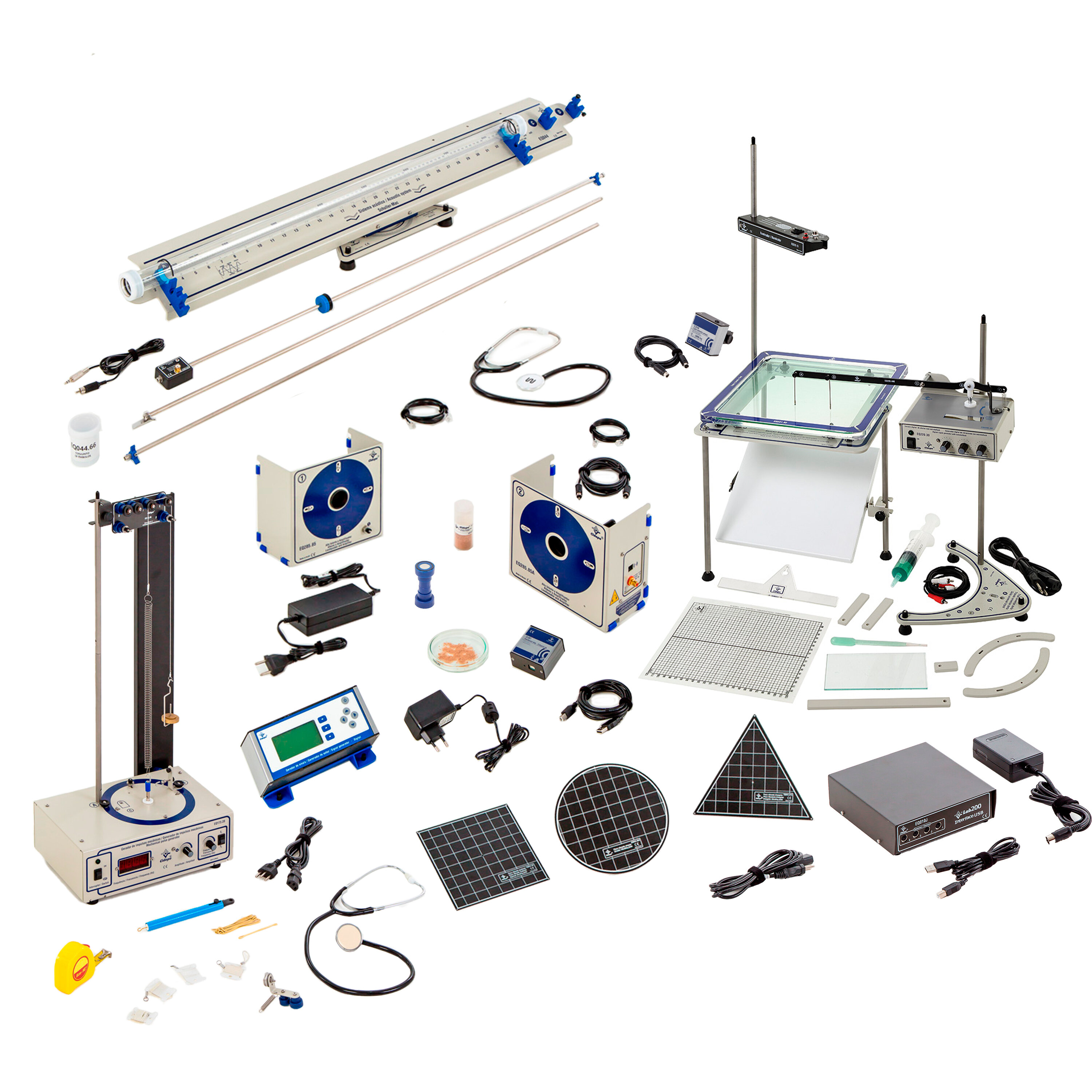 Conjunto ondas mecânicas, ar, água, cordas, molas e placas, com sensor e software