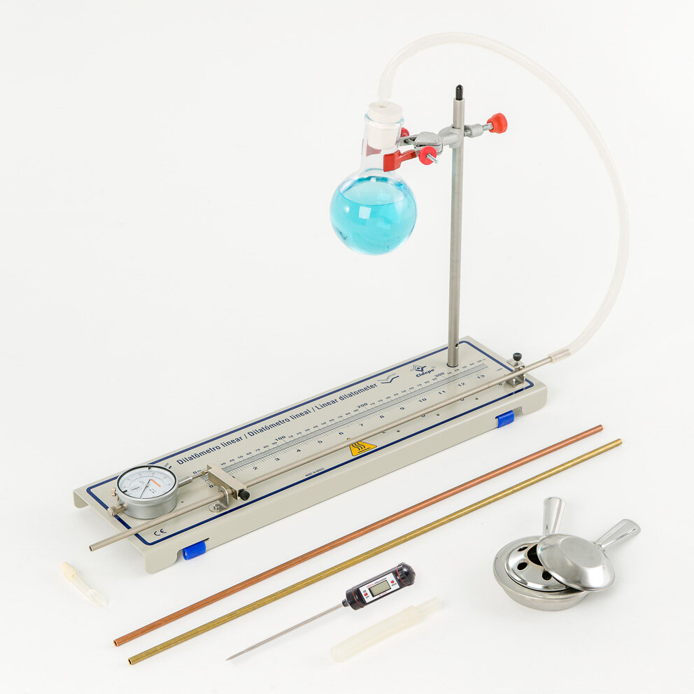 Dilatômetro linear curto, com aquecedor para álcool em gel e termômetro digital de haste